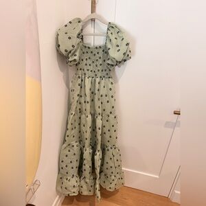 Urban Outfitters Sage Green Floral Smocked Puff-Sleeve Maxi Dress - Girls